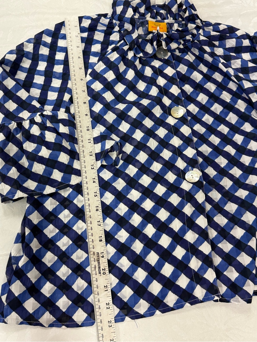 Ruby Rd. Navy and White Gingham Ruffle-Collar Button-Front Blouse - Picture 8 of 9